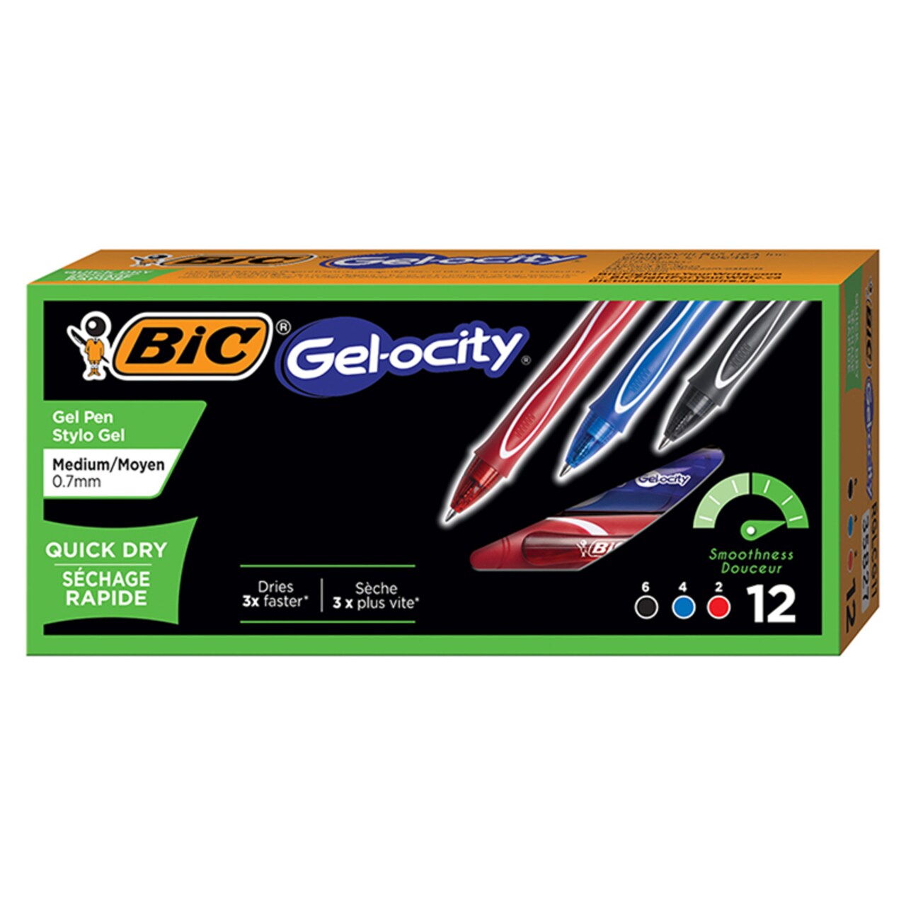 Gel-Ocity&#xAE; Quick Dry Retractable Gel Pens, Assorted Black, Blue And Red, Pack Of 12